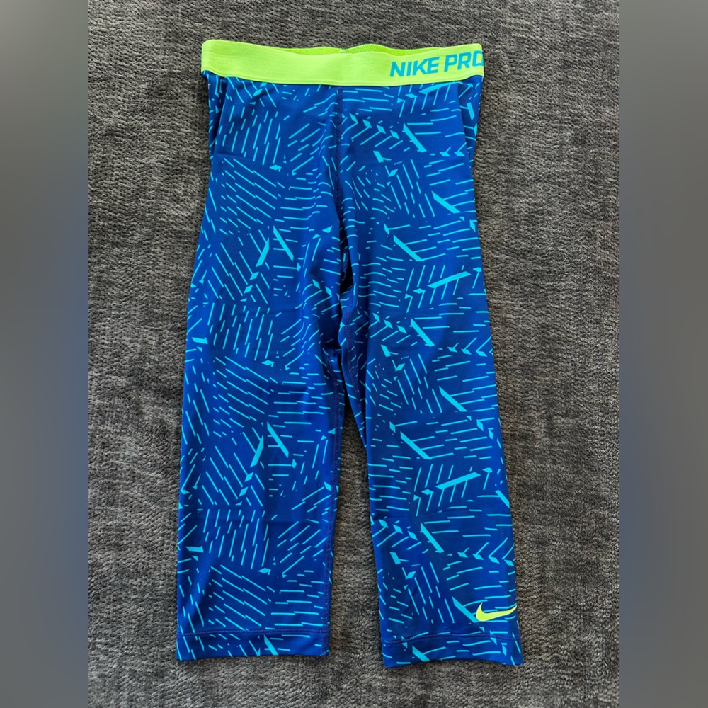 Nike Pro Womens Geometric Blue Cropped Capri Legging Yoga Pants Medium EUC